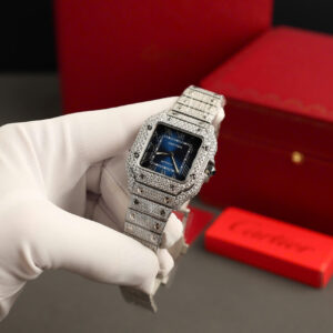 Đồng Hồ Cartier Santos Chế Tác Full Đá Moissanite Hong Kong Mặt Xanh BVF (1)