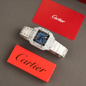 Đồng Hồ Cartier Santos Chế Tác Full Đá Moissanite Hong Kong Mặt Xanh BVF (1)