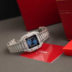 Đồng Hồ Cartier Santos Chế Tác Full Đá Moissanite Hong Kong Mặt Xanh BVF (1)