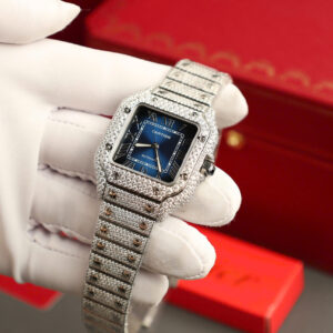 Đồng Hồ Cartier Santos Chế Tác Full Đá Moissanite Hong Kong Mặt Xanh BVF (1)