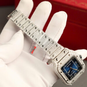 Đồng Hồ Cartier Santos Chế Tác Full Đá Moissanite Hong Kong Mặt Xanh BVF (1)