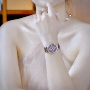 Đồng Hồ Louis Vuitton Nữ Dây Da Mặt Tròn Đính Đá Màu Nâu Like Auth 34mm (1)