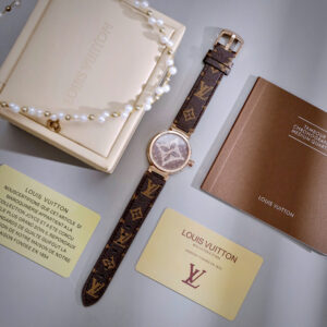 Đồng Hồ Louis Vuitton Nữ Dây Da Mặt Tròn Đính Đá Màu Nâu Like Auth 34mm (1)