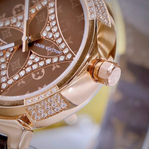 Đồng Hồ Louis Vuitton Nữ Dây Da Mặt Tròn Đính Đá Màu Nâu Like Auth 34mm (1)