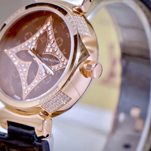 Đồng Hồ Louis Vuitton NữMặt Tròn Đính Đá Dây Da Màu Đen Like Auth 34mm (6)