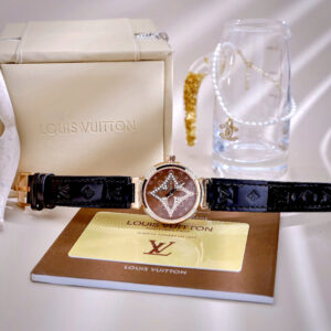 Đồng Hồ Louis Vuitton NữMặt Tròn Đính Đá Dây Da Màu Đen Like Auth 34mm (6)
