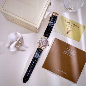 Đồng Hồ Louis Vuitton NữMặt Tròn Đính Đá Dây Da Màu Đen Like Auth 34mm (6)