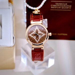 Đồng Hồ Louis Vuitton NữMặt Tròn Đính Đá Dây Da Màu Đỏ Like Auth 34mm (10)