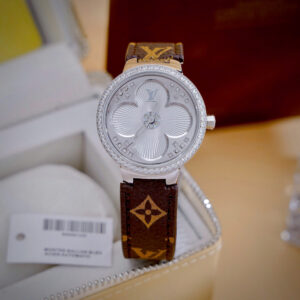 Đồng Hồ Louis Vuitton Tambour Nữ Đính Đá Dây Da Like Auth Máy Pin 34mm (8)