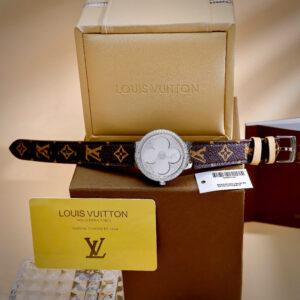 Đồng Hồ Louis Vuitton Tambour Nữ Đính Đá Dây Da Like Auth Máy Pin 34mm (8)