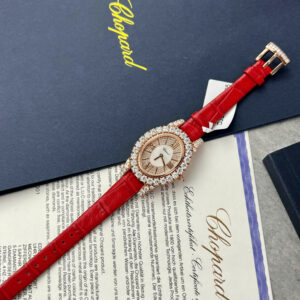 Đồng Hồ Chopard Happy Diamonds Bọc Vàng 18K Đính Đá Moissanite Dây Da Đỏ 32mm (2)