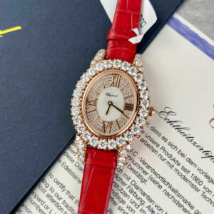 Đồng Hồ Chopard Happy Diamonds Bọc Vàng 18K Đính Đá Moissanite Dây Da Đỏ 32mm (2)