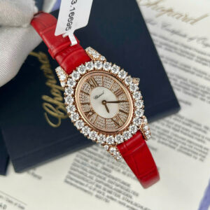 Đồng Hồ Chopard Happy Diamonds Bọc Vàng 18K Đính Đá Moissanite Dây Da Đỏ 32mm (2)