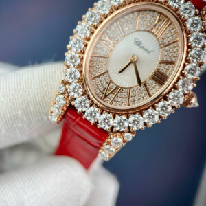 Đồng Hồ Chopard Happy Diamonds Bọc Vàng 18K Đính Đá Moissanite Dây Da Đỏ 32mm (2)