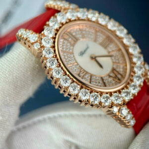 Đồng Hồ Chopard Happy Diamonds Bọc Vàng 18K Đính Đá Moissanite Dây Da Đỏ 32mm (2)