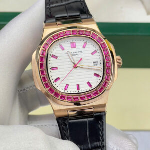 Đồng Hồ Patek Philippe Fake Giá Rẻ Đính Đá Màu Đỏ Máy Cơ Dây Da 40mm (8)