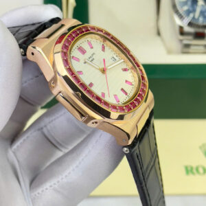 Đồng Hồ Patek Philippe Fake Giá Rẻ Đính Đá Màu Đỏ Máy Cơ Dây Da 40mm (8)