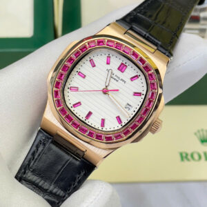 Đồng Hồ Patek Philippe Fake Giá Rẻ Đính Đá Màu Đỏ Máy Cơ Dây Da 40mm (8)